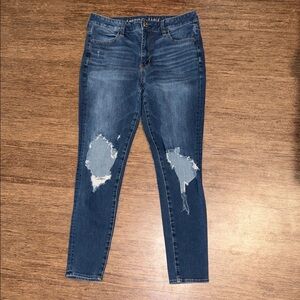 American Eagle Outfitters Dark Blue Distressed High-Rise Skinny Jeans